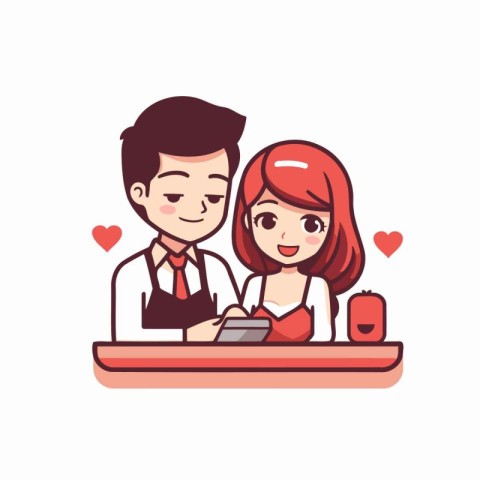 Couple in love using mobile phone. Flat style vector illustratio