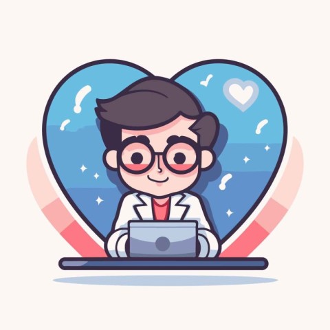 Doctor with laptop in the heart. Vector illustration in cartoon