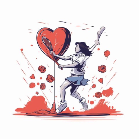 Cute girl with heart shaped balloon and baseball bat. Vector ill