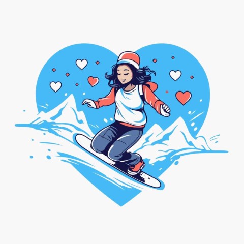 Snowboarder girl on a snowboard in the mountains. Vector illustr