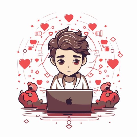 Vector illustration of a boy with a laptop in his hands. The con