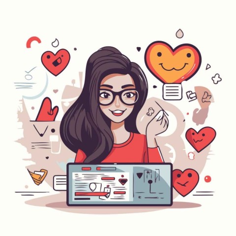 Online dating concept. Young woman with laptop. Vector illustrat