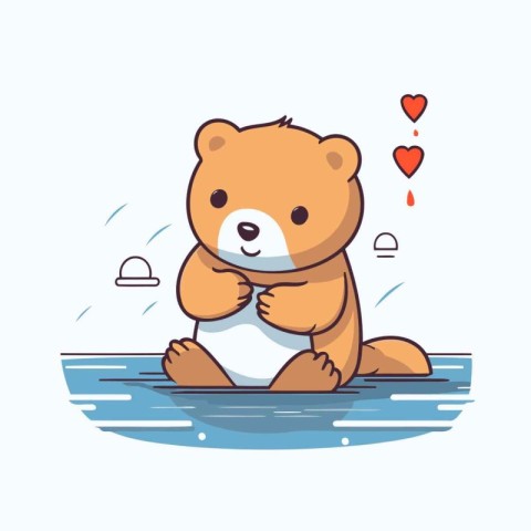 Cute cartoon bear sitting on the river. Vector illustration for