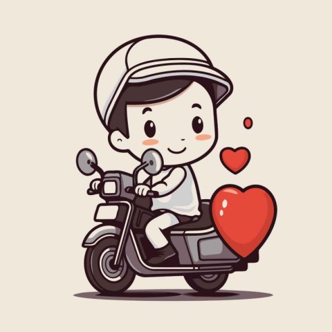 Boy riding a scooter and holding a heart. Vector illustration.