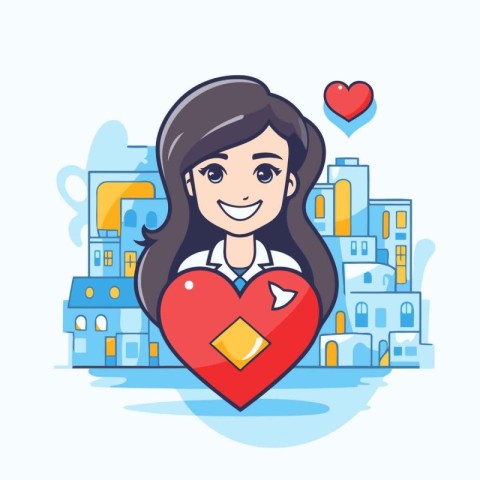 Cute girl with a heart in the city. Vector illustration.