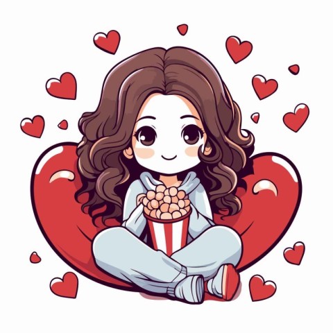 Cute girl with popcorn in heart shaped box. Vector illustration.