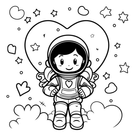 Coloring book for children: astronaut in the spacesuit and heart