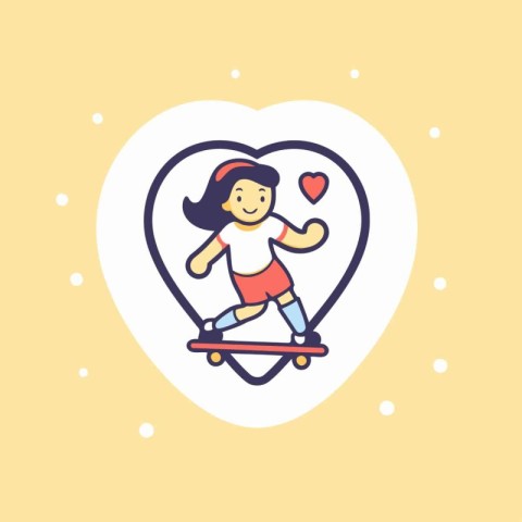 Cute girl riding a skateboard in heart shape. Vector illustratio