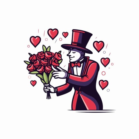 Gentleman with a bouquet of flowers. Valentine's day vector illu