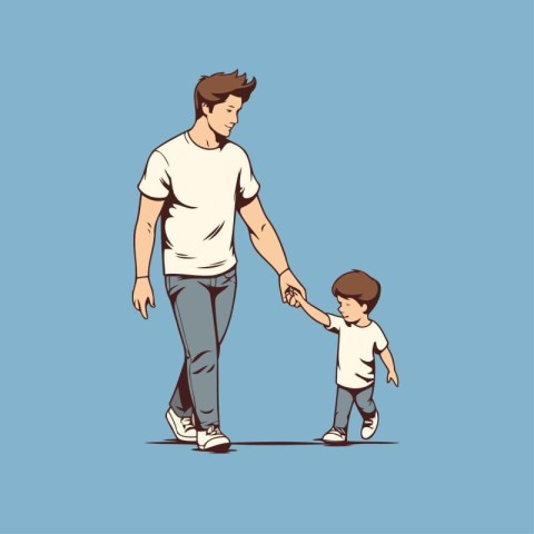 Father and son walking hand in hand. Vector illustration in cart