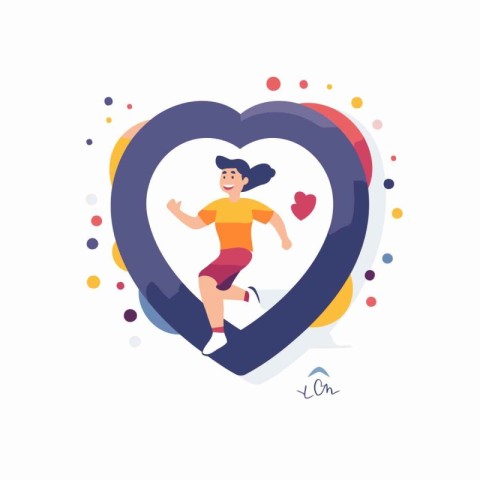 Running woman in heart shape. Vector illustration in flat cartoo