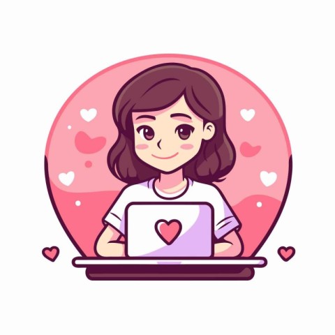 Cute girl using laptop with hearts around her. Vector illustrati