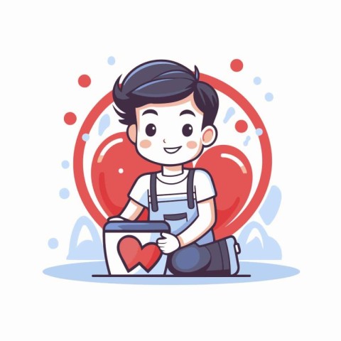 Cute boy with red heart. Vector illustration in cartoon style.