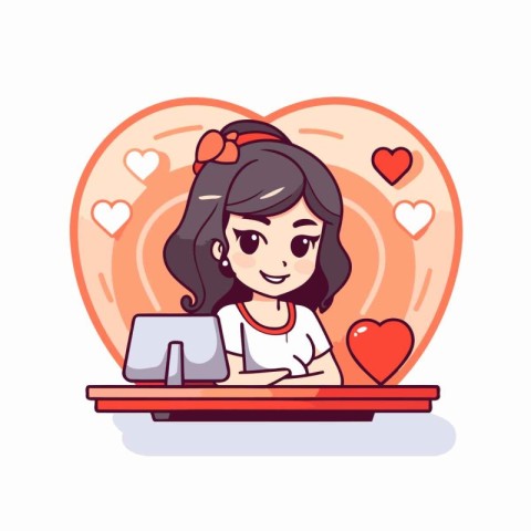 Cute cartoon girl working on laptop computer at home. Vector ill