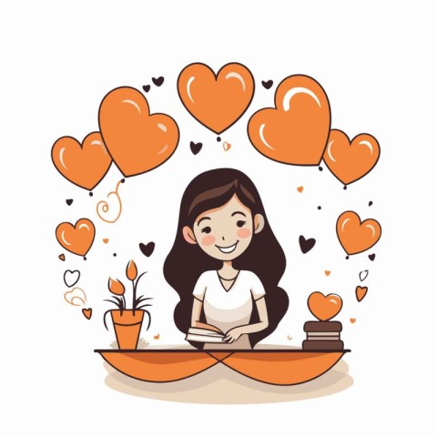 Cute girl reading a book with hearts around her vector illustrat