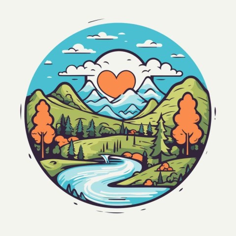 Valentine's day card with mountain landscape and river. Vector i