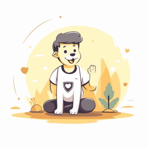 Cute cartoon man sitting on the ground. Vector illustration in f