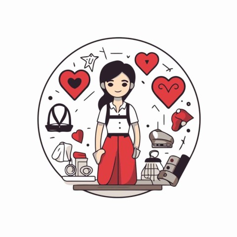 Beautiful woman in apron. Vector illustration in thin line style