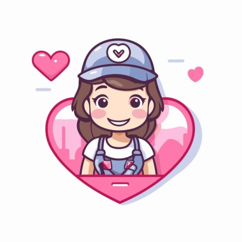 Cute girl in uniform and cap in heart shape. Vector illustration