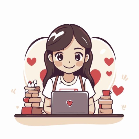 Girl with laptop and books. Cute cartoon character. Vector illus