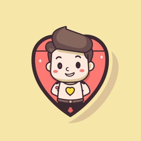 Cute cartoon boy with heart shape pin. Valentines day vector ill