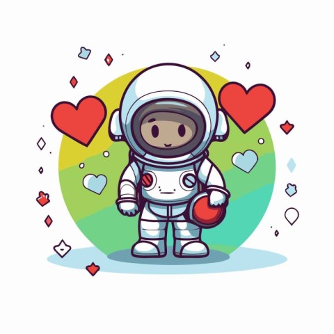 Astronaut with hearts. Cute cartoon style. Vector illustration.