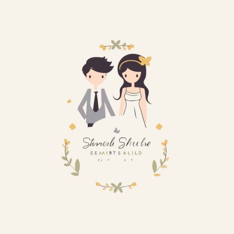 Wedding invitation card with bride and groom. Vector illustratio