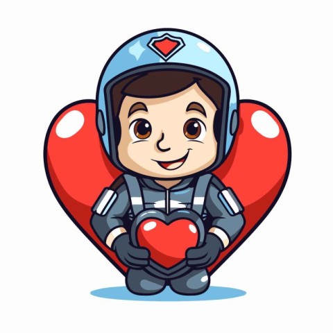 Cute boy astronaut holding red heart in hands. Vector illustrati