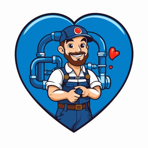 Plumber holding a pipe in the shape of a heart. Vector illustrat