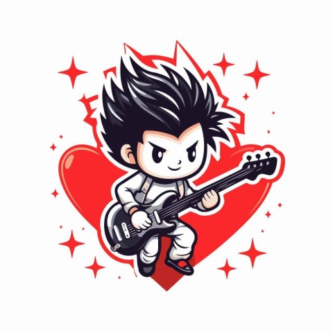 Vector illustration of a cartoon boy playing guitar in a heart s