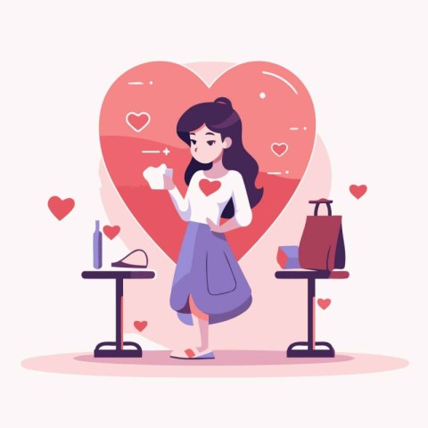 Valentine's day vector illustration. Cute girl in love with a gi