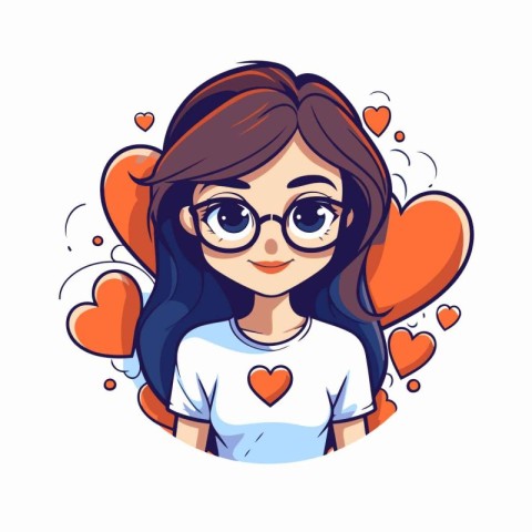 Cute cartoon girl with glasses in heart shape. Vector illustrati