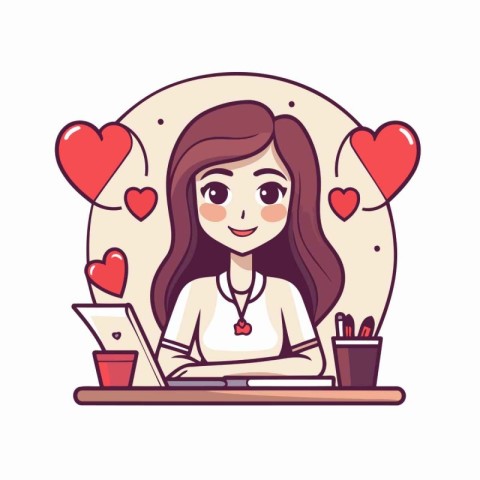 Young woman working on laptop in office. Vector illustration in