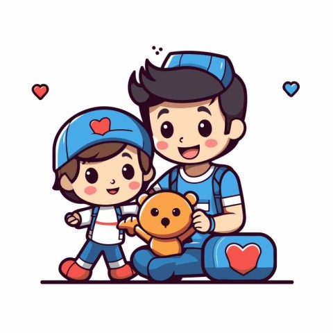 Cute boy and girl playing with teddy bear. Vector illustration.