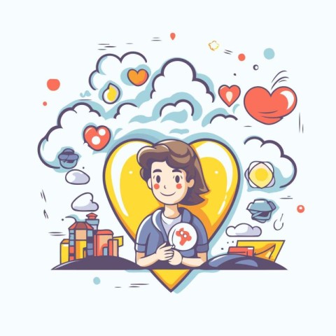 Vector illustration of a boy with a heart in his hand and a map