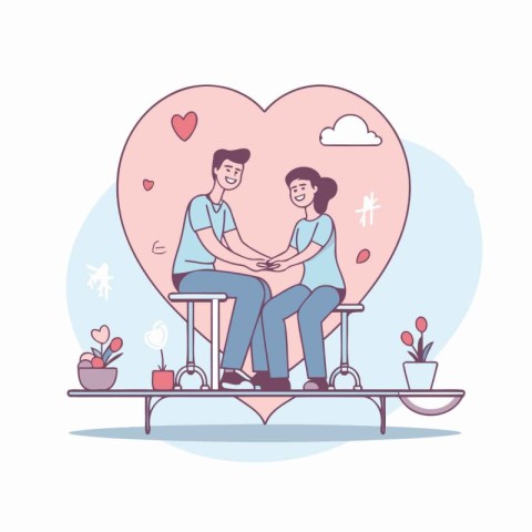 Vector illustration of a couple in love sitting on a bench and h