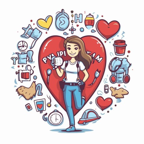 Cute girl with red heart. Vector illustration in cartoon style.