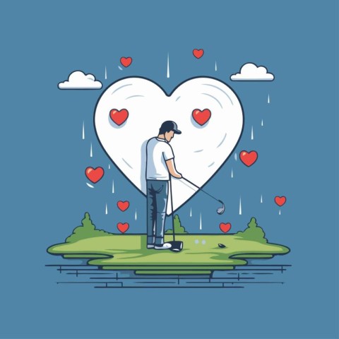 Golfer playing golf in the heart shape. Vector illustration.