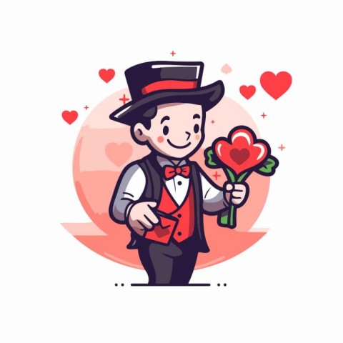 Valentine's day greeting card with a man in a suit and hat holdi