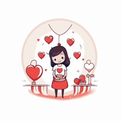 Cute girl in love with heart shaped balloons. Vector illustratio