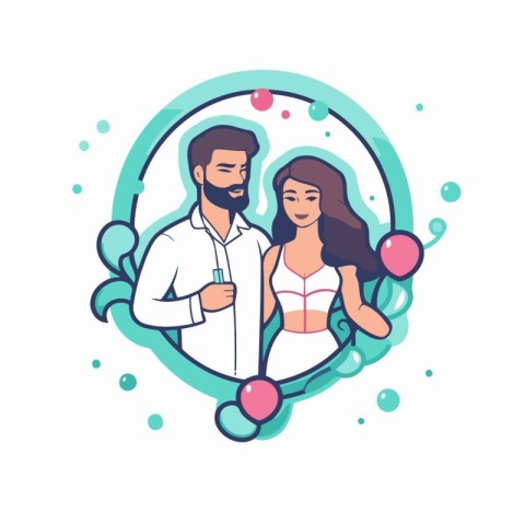 Couple in love with balloons. Vector illustration in flat style.