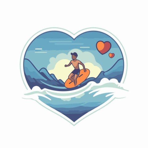 Surfer in the shape of a heart on the background of the sea. Vec