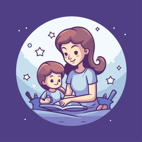 Mother reading book with her son. Vector illustration in cartoon