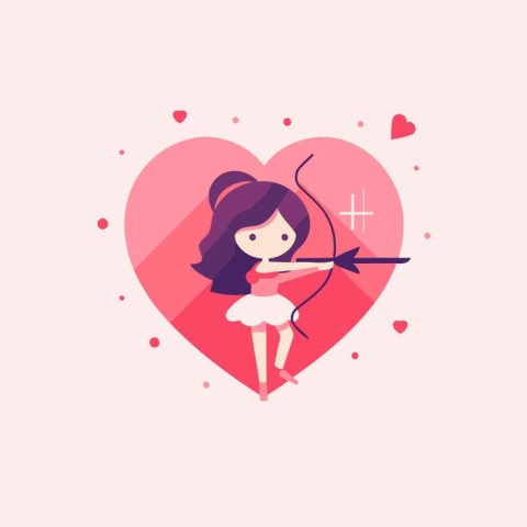 Valentine's day greeting card. Cute girl with bow and arrow. Vec