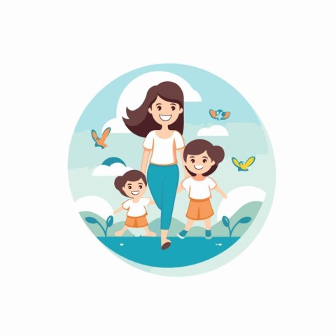 Mother and her children on the nature. Vector illustration in a