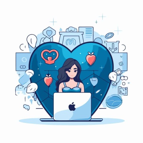 Online dating concept. Woman with laptop in the heart. Vector il