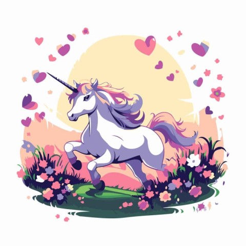 Unicorn running on the meadow with flowers and hearts. Vector il