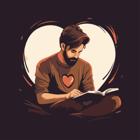 Man reading a book in the shape of a heart. Vector illustration.