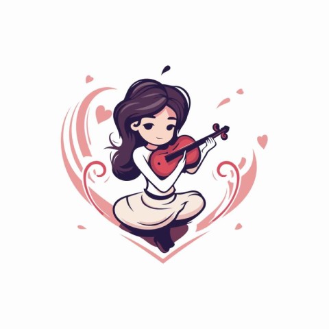 Cute little girl playing the violin in the form of a heart