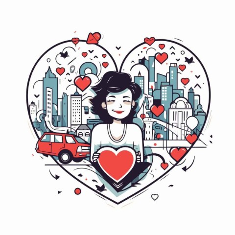 Vector illustration of a girl in the city with heart-shaped fram